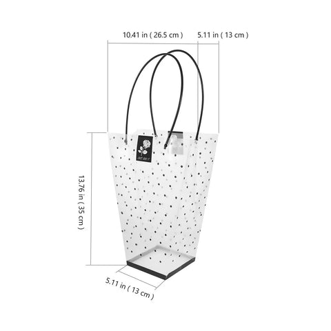 Plastic Bouquet Bags With Handles For Flower Packaging, Rose Bouquet Wraps, floral arrangement supplies, dotted design, dimensions shown