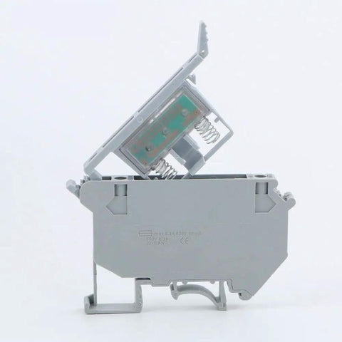 Side view of a gray LED Indicated DIN Rail Fuse Holders And Disconnect Terminal Blocks With Screw Clamp, 24V DC, nylon PA66 housing.