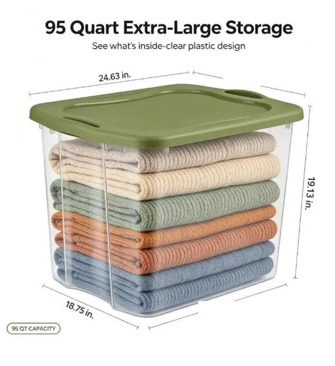 Rock Solid 95 Quart Clear Plastic Storage Bin With Easy Grip Handles For No Sweat Organization And Smooth Transport Legit Extra Large Bulk Storage Container with folded blankets inside.