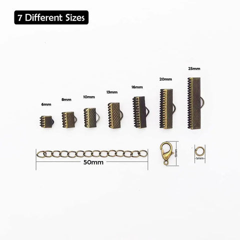 100 Sets Bronze Ribbon Crimps Kit With Lobster Clasps And Chain Extenders For DIY Bracelet And Bookmark Making, Assorted Sizes Displayed