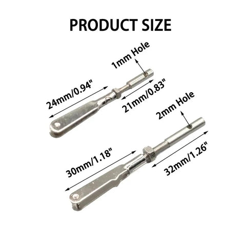 4 Pieces Metal Clevis Set For RC Airplanes With Connecting Rods And Push Rod Shafts Nuts M2 Thread DIY Fixed Wing Model Plane Aircraft Linkage Parts Durable Heavy Duty Build For Reliable RC Connection dimensions shown with product size details.