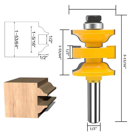 Three Piece 1/2 Inch Shank Router Bit Set For Classical Extended Tenon And Pro-Grade Heavy Duty Door Rail Stile Milling Kit For Doors, Cabinets, Shelves, And Frames CNC Ready shown with dimensions and cross-section detail