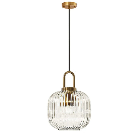 Rad Industrial Vintage Pendant Light With Ribbed Glass Shade And Bronze Finish, shown hanging with transparent 7.9 inch diameter shade.