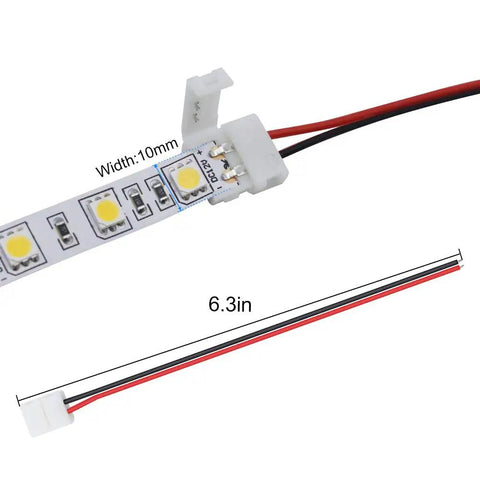10 Pack Solderless LED Strip Connector Snap Down 2 Conductor For 10mm Wide 5050 5630 Single Color Flex Strips, 6.3in cable