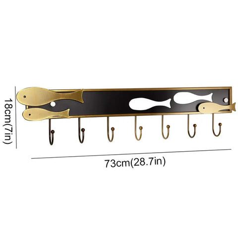 Goldfish Wall Mounted Coat Rack Hook Set With Multiple Hangers For Coats And Towels Featuring Hella Tough Metal Build And Slick Badass Entryway Vibe, 28.7in long with fish design.