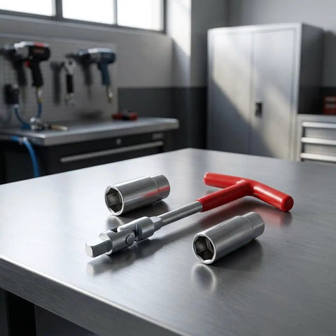 T-Handle Spark Plug Socket Wrench With Swivel Head And Extended 16Mm 21Mm Sockets 3 Piece Set on a workshop table.