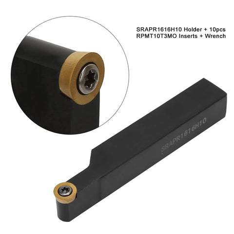 Three Eighths Inch Lathe Indexable Carbide Insert Kit With Tool Holder Ten RPMT10T3MO Inserts One SRAPR1616H10 Blade Wrench Included
