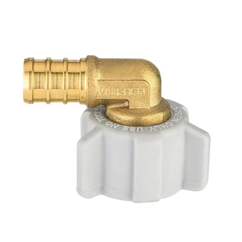 Close-up of Ten Pack PEX One Half Inch To One Half Inch Female NPT Swivel Brass Crimp Elbow Fittings Lead Free ASTM F1807 NSF Certified