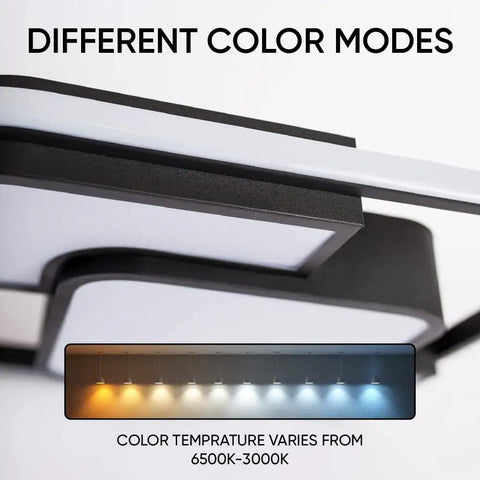 Slick 62W LED Flush Mount Ceiling Light With Remote Control, black square fixture color modes from 3000K to 6500K.