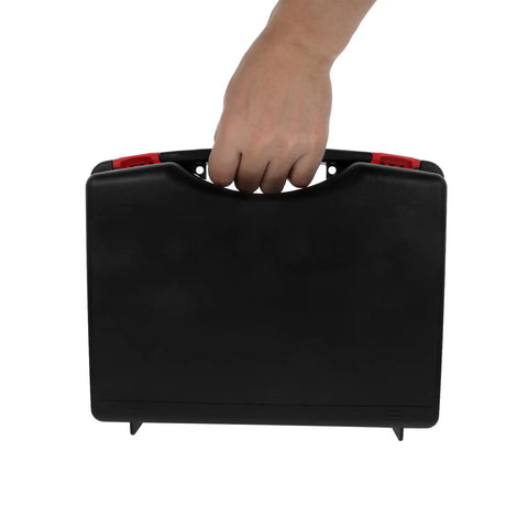 Hand holding the Kickass Portable Plastic Toolbox Organizer With Secure Lid For Hand Tools And Diy Crafts, sturdy black design.