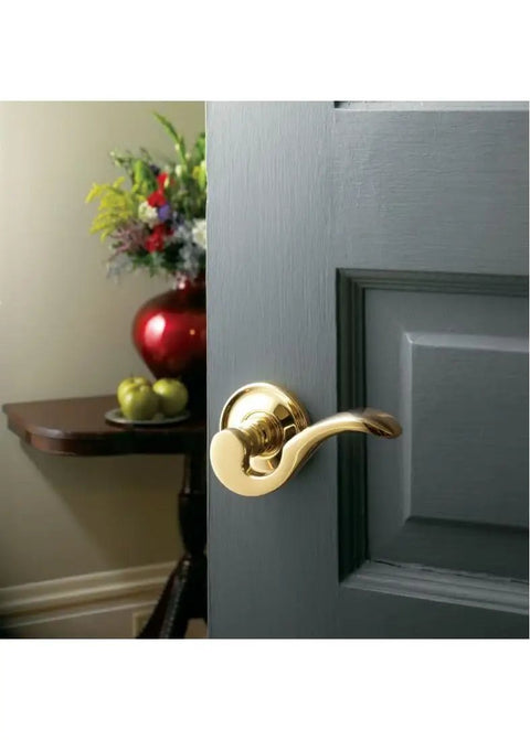 Estate Door Lever and Rose Knob Set for a Customizable Home Hardware Upgrade, gold brass lever on a dark wood door
