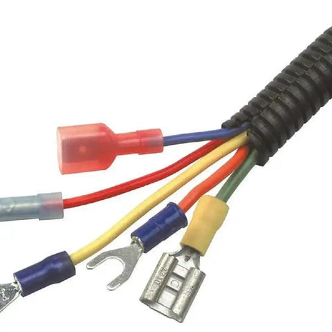 Heavy Duty Split Wire Loom Tubing Bundle, Dress 1/4 To 3/4 Inch Cables With Ease, close-up of cables and connectors in black tubing.