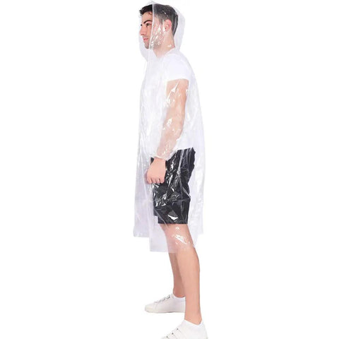Side view of man wearing Your Go To Disposable Rain Ponchos With Drawstring Hood For Adults, Emergency Family Pack, clear waterproof ponchos.