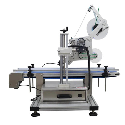 Badass Precision Alignment Adjustable Handles Desktop Automatic Flat Bottle Labeling Machine With Heavy Duty Conveyor Belt 110v Electric Label Applicator For Zero Headache Production Work showing machine design and features.