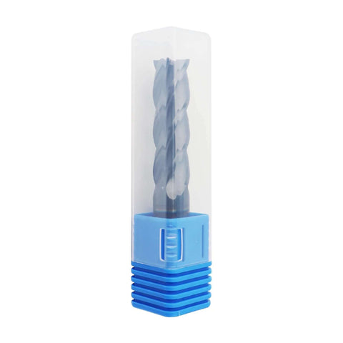 Front view of Zorqon 9/16-inch carbide long end mill, 4-flute square end, AlTiN coating in blue plastic case