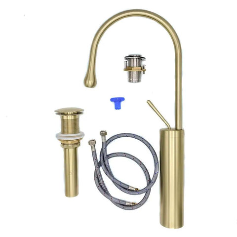 Brushed Gold Vessel Sink Faucet With High Arc, Single Lever Handle, Tall Solid Brass Vanity Tap, Pop Up Drain Included