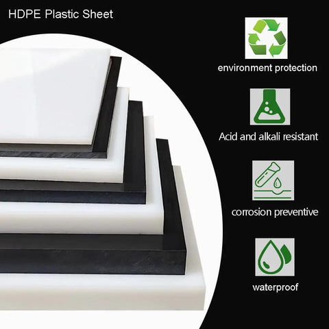 Stack of white and black HDPE plastic sheets with environmental benefits and resistance symbols on a black background.
