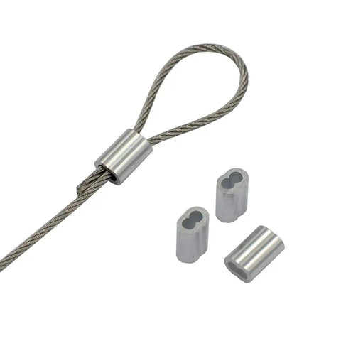 Built Different 304 Stainless Steel Cable Wire Rope 100 Ft 1 16 Inch 7 X 7 Braid with aluminum crimp sleeves for secure connections.