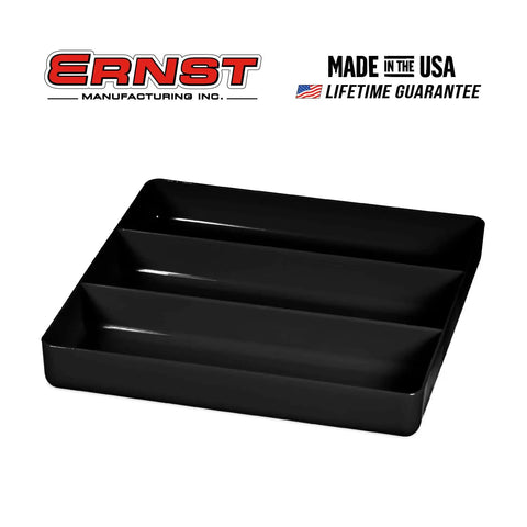 Black stackable three compartment tray for home office and workshop, grab and go tool organizer, 10.5x10.5 inches