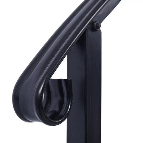 Close-up of Rock Solid Three Step Outdoor Handrail Featuring Smooth Curved Wrought Iron Frame with matte black finish.
