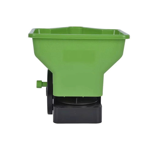 Front view of Grab And Go Handheld Grass Seed And Fertilizer Spreader For Portable Manual Lawn Garden Seeding with adjustable flow knob