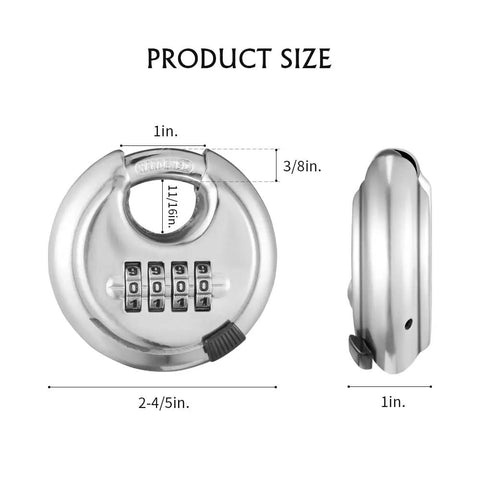 Heavy Duty Stainless Steel Discus Padlock with 4-Digit Combination, 2-3/4 Inch Wide Body and 3/8 Inch Shackle, size diagram