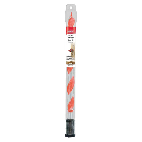 Auger Bit For Wood And Nail Embedded Wood With Two Step Cutting Action, 1-1/4 Inch Diameter, 17-1/2 Inch Length in packaging.