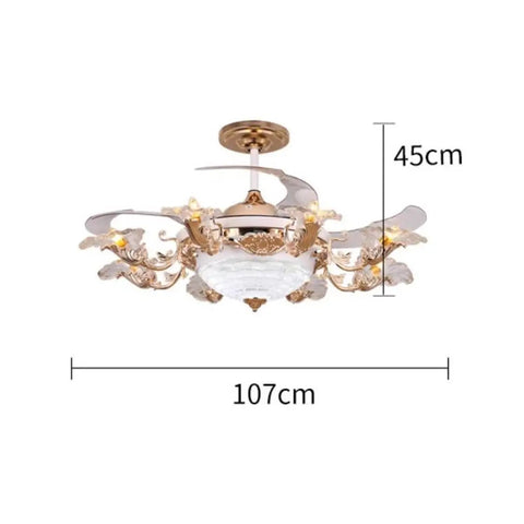 Luxury European Ceiling Fan Light With Remote Control And Invisible Blade Fan Chandelier In Trace Gold Finish Boasting 8 E27 Bulbs And 42 Inch Size For Epic Vibe, 107cm wide with elegant design.