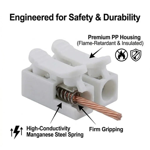 No Sweat Quick Connect Wire Terminal Blocks Two Way Solderless Push In Cable Connectors Rated At 10 Amps For 110 To 240 Volt Systems close-up of white connector with copper wiring and premium PP housing.