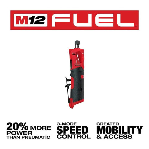 Killer Battery Free One Quarter Inch Right Angle Die Grinder Offering Brushless Engine Power And Three Gear Shifts For Badass Performance On Demanding Shop Projects shown in red and black with features highlighted.