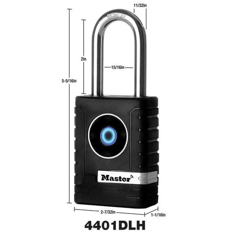 Outdoor Bluetooth Padlock For Personal Use With Smartphone Unlock No Key Needed Weatherproof Lock For Gates Sheds Garages Outdoor Storage Lockers And Tool Chests 2 7/32 Inch Wide Model 4401DLH with measurements