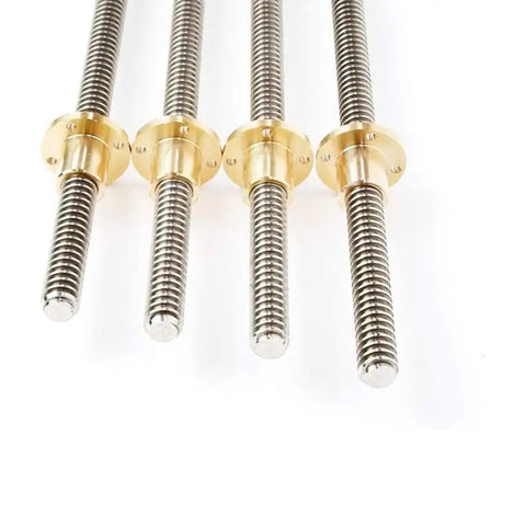 Stainless Steel T12 Trapezoidal Lead Screw With Brass Nut, 10mm Diameter, 3mm Pitch, 3mm Lead For Smooth No-Fuss Precise Motion In Stepper Motors, 3D Printers, CNC Machines And Guide Rails, Lengths From 100mm To 1000mm. Four stainless steel T12 lead screws with brass nuts on white background