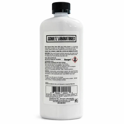 Back view of Metal Polish With Long Lasting Sealant Cleaner Polisher Protectant All In One bottle, product label visible.