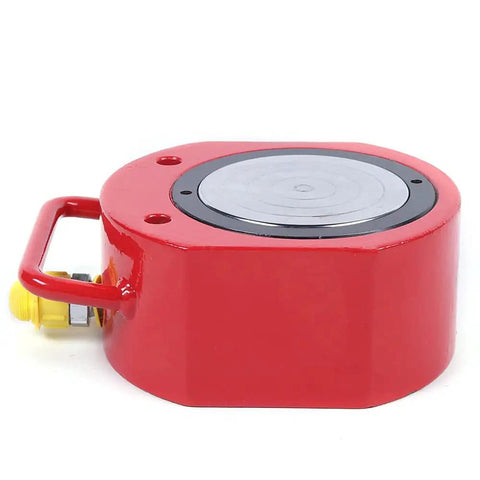 Shop Ready Badass 100 Ton Hydraulic Pancake Ram Featuring Heavy Duty Chrome Cylinder Assembly And Lightning Fast Auto Retract System For Tough Bridge Steel Work Projects, compact red ramming device with handle.