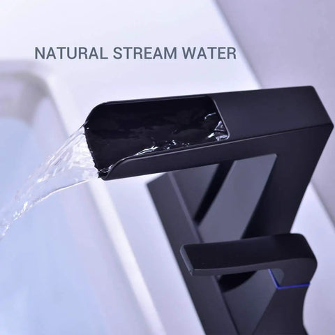 Two Handle 4 Inch Centerset Vanity Sink Faucet Matte Black With Overflow Pop Up Drain pouring water in bathroom sink