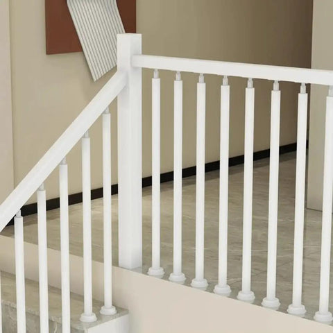 Heavy Duty White Stair Railing Posts And Spindles, 25 Pack Of 47 Inch Stainless Steel Balusters With Adjustable Brackets, built solid for indoor stairs.