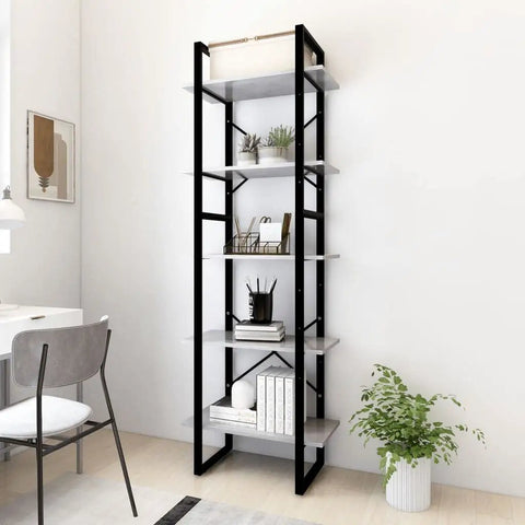 Five Tier Industrial Bookcase in Concrete Gray Engineered Wood With Metal Frame and Matte Finish, 68.9-Inch Tall in room setting