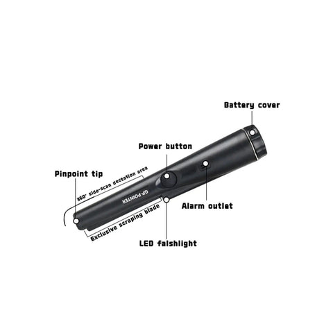 Handheld Metal Detector Pinpointer Hit The Spot Search Tool For Beach And Backyard Snags High Sensitivity Vibration Buzz Fast Finds Zero Sweat Searching For All Levels detail view showing power button and LED flashlight