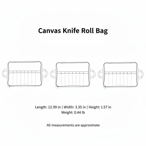 Canvas knife roll bag dimensions and slots illustration, Knife Roll Bag With Individual Slots For Safe, On The Go Blade Storage Portable Protector Case For Camping And Kitchen Prep, Compact Travel Organizer, Keeps Knives Separated And Ready.
