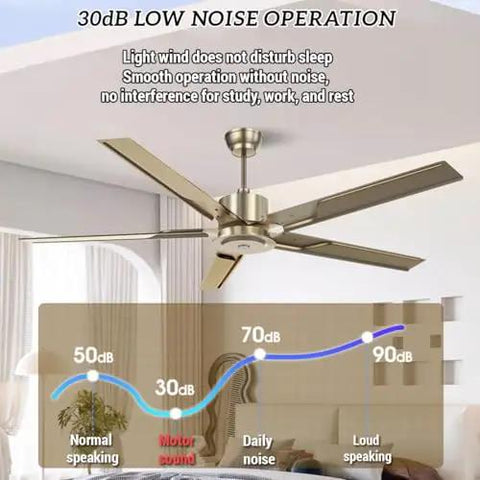 5-Speed Industrial Ceiling Fan With Remote And 110cm Black Blades For Kickin Airflow In Living Room Or Kitchen, showing low noise operation graphic.