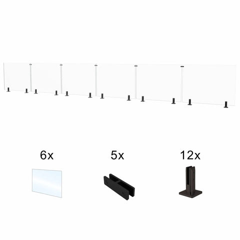 No Sweat Install 6 Panel Frameless Glass Deck Railing Kit With Top Shelf Stainless Steel Posts And Pre Cut Tempered Glass Panels 340 Inch Wide By 44 Inch High For Porch Upgrades showing six glass panels and mounting hardware.