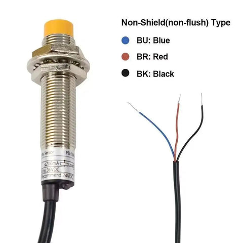 M12 Inductive Proximity Sensor Pack NPN NO Four Pack, 4mm Detection Distance, unshielded with brass nickel plated shell.