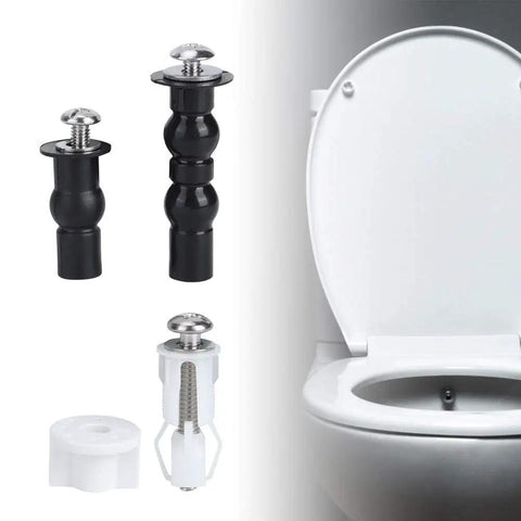 Universal Toilet Seat Bolt Replacement Kit In Stainless Steel Heavy Duty Gear includes black and white bolts for secure toilet seat fitting.