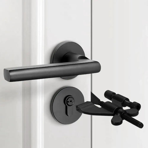 Heavy Duty Black Portable Door Lock With Adjustable No Drill Wing Design provides serious room security on a door handle.