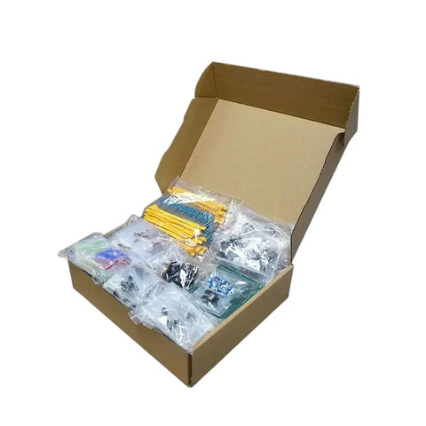 Open box showing Mega 1900 Piece Electronics Component Kit With Capacitors, Resistors, LEDs, Transistors, DC Jacks, PCBs And Opamps Ideal For Hobbyists, DIY Projects, Makers And Students