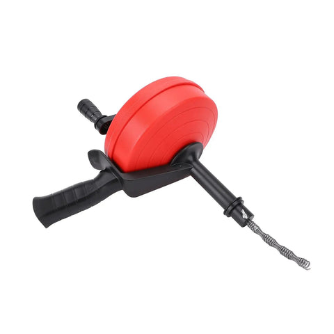 Heavy Duty Drain Auger With 10m Coil Spring And Twin Modes For Knocking Out Stubborn Clogs With No Sweat While Serving Up Hardcore Durability From Tough Manganese Steel For Bathroom And Kitchen Pipeline Tasks, showing a red coil and black handle.
