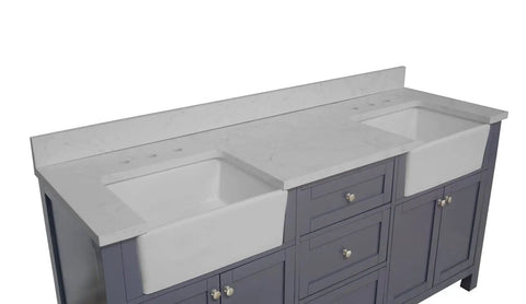 Close-up of 72 Inch Farmhouse Double Bathroom Vanity In Marine Gray Featuring Thick Engineered Marble Top And White Apron Sinks.