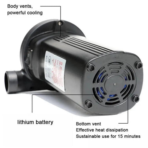 Portable Electric Air Pump Inflator 12V And 220V Rechargeable Compressor With Battery showing powerful cooling vents and battery.