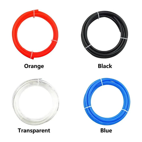 Four rolls of tubing in orange, black, transparent, and blue colors.