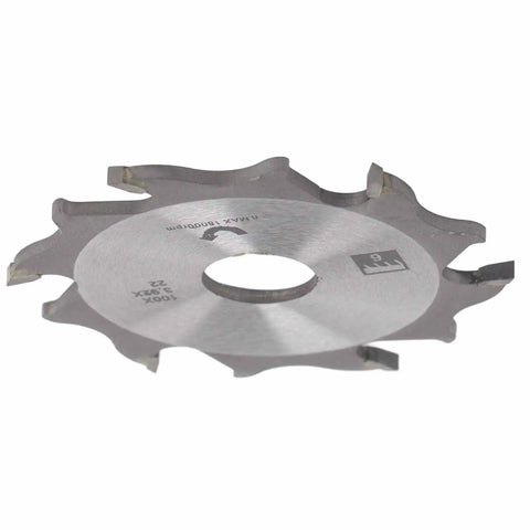 4 Inch 6 Tooth Carbide Biscuit Joiner Blade With 22mm Bore Replacement Plate For Woodworking close-up on teeth and bore